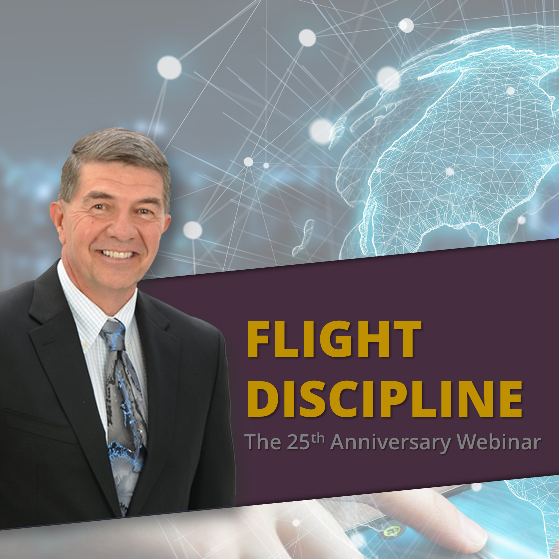 A display banner for the 25th anniversary webinar of the book Flight Discipline, by Dr. Tony Kern.